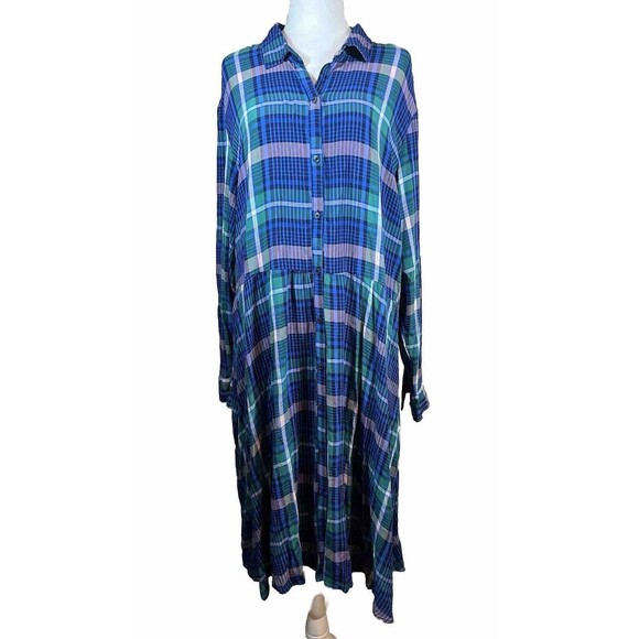 NWT Old Navy Shirt Dress Women's Blue & Purple Plaid Long Sleeve Midi Button XXL - Picture 1 of 9